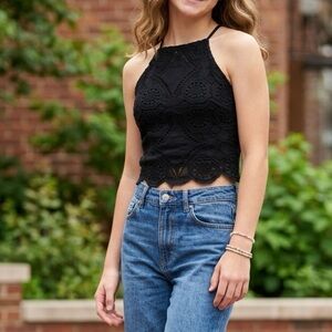 Abercrombie & Fitch Boho Chic Black Eyelet Halter Crop Top